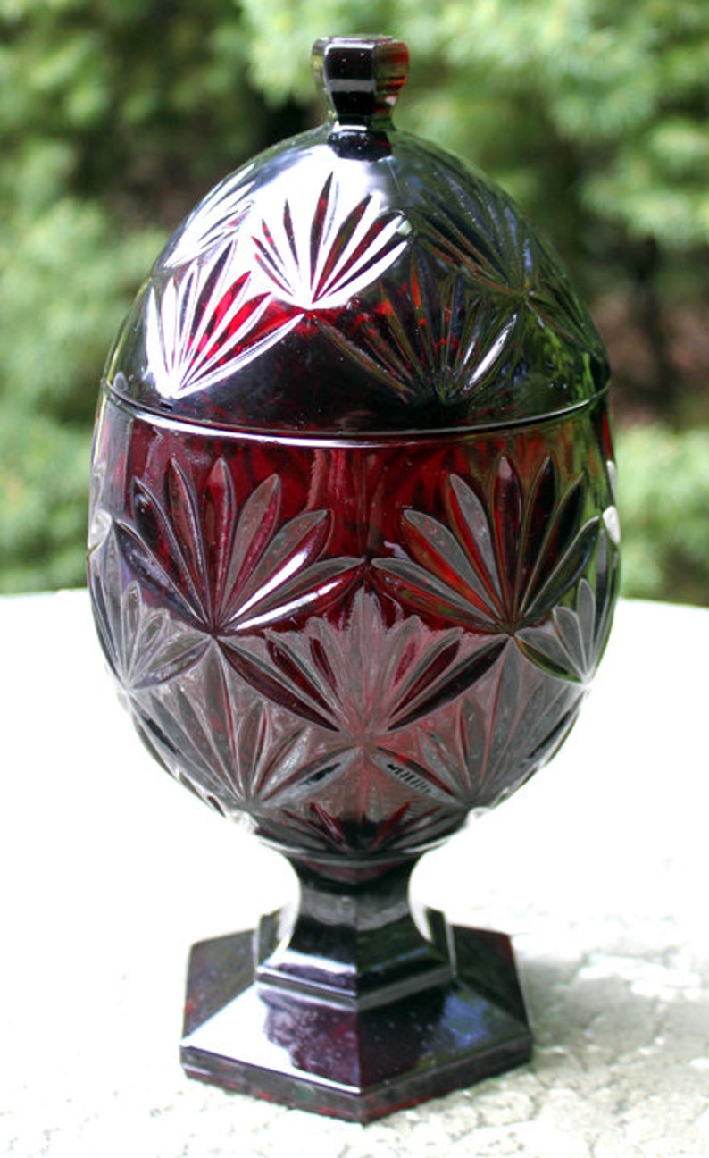 Footed Candy Bowl with Lid. Embossed Ruby Red Glass Trinket Etsy