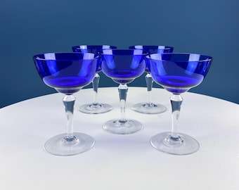 Vintage Crystal Cobalt Blue Champagnie Glasses with Clear Stems. Modern Barware.  Set of 6. Home Table Decor. Fine Dining.