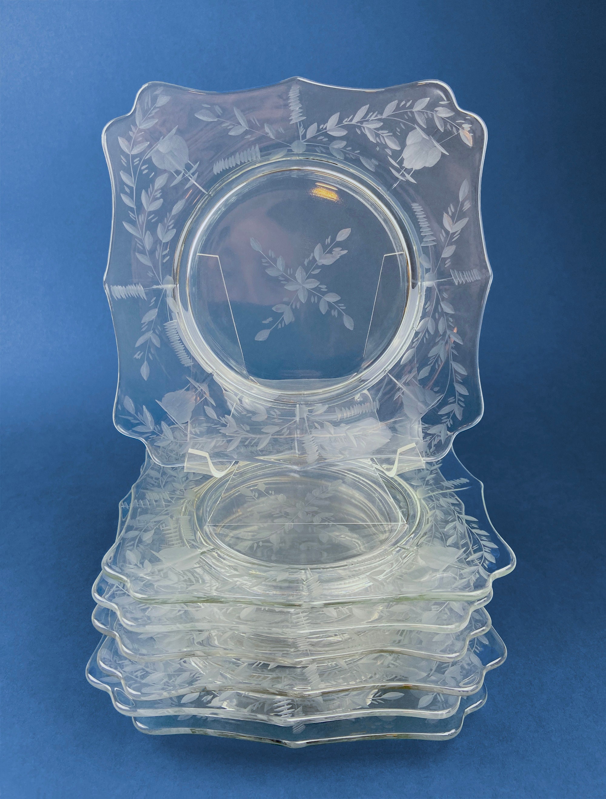 Antique Etched Glass Dessert Plates or Salad Plates. Set of Seven