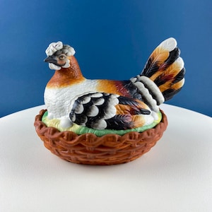 Hand Painted  Large Hen in a Basket Covered Serving Dish/Turin. Rare Ceramic Chicken Sitting on Eggs Butter Bowl with Lid. Dining Room Decor