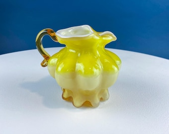 Vintage Kanawha Yellow Cased Glass Pitcher Creamer Vase. Hand Blown Melon Shape Ruffled Brim. Home Kitchen Table Decor.