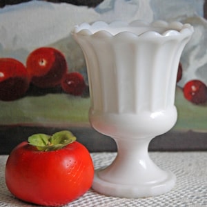 Milk Glass Footed Vase. Pedestal Planter. Pedestal Small Planter or Urn Vase with Scalloped Rim. Wedding Table Center Piece.