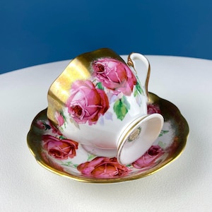 Teacup & Saucer with Large Red Roses and Rich Gold Rim. Queen Anne Fine China. Dining Room Decor. Romantic Gift for Tea Lover, Him or Her.