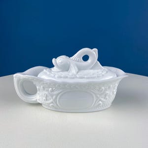 Westmoreland Milk Glass Lidded Serving Trinket Bowl with Dolphin and Celtic Motifs. White Covered Dish Storage Container for Bath Products.