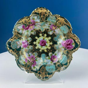 Old Hand Painted Porcelain Serving Bowl or Decorative Victorian Centerpiece with Scalloped Edges. Rich Gold Beaded Framework. Roses Motif.