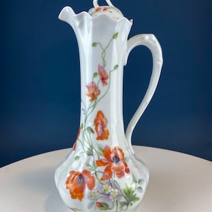 Antique Limoges Coffee Pot or TeaPot. Tall 12-Inch Stunning Vase. Hand-Painted Red Poppies. Beautiful Silhouette. Bohemian Chic.