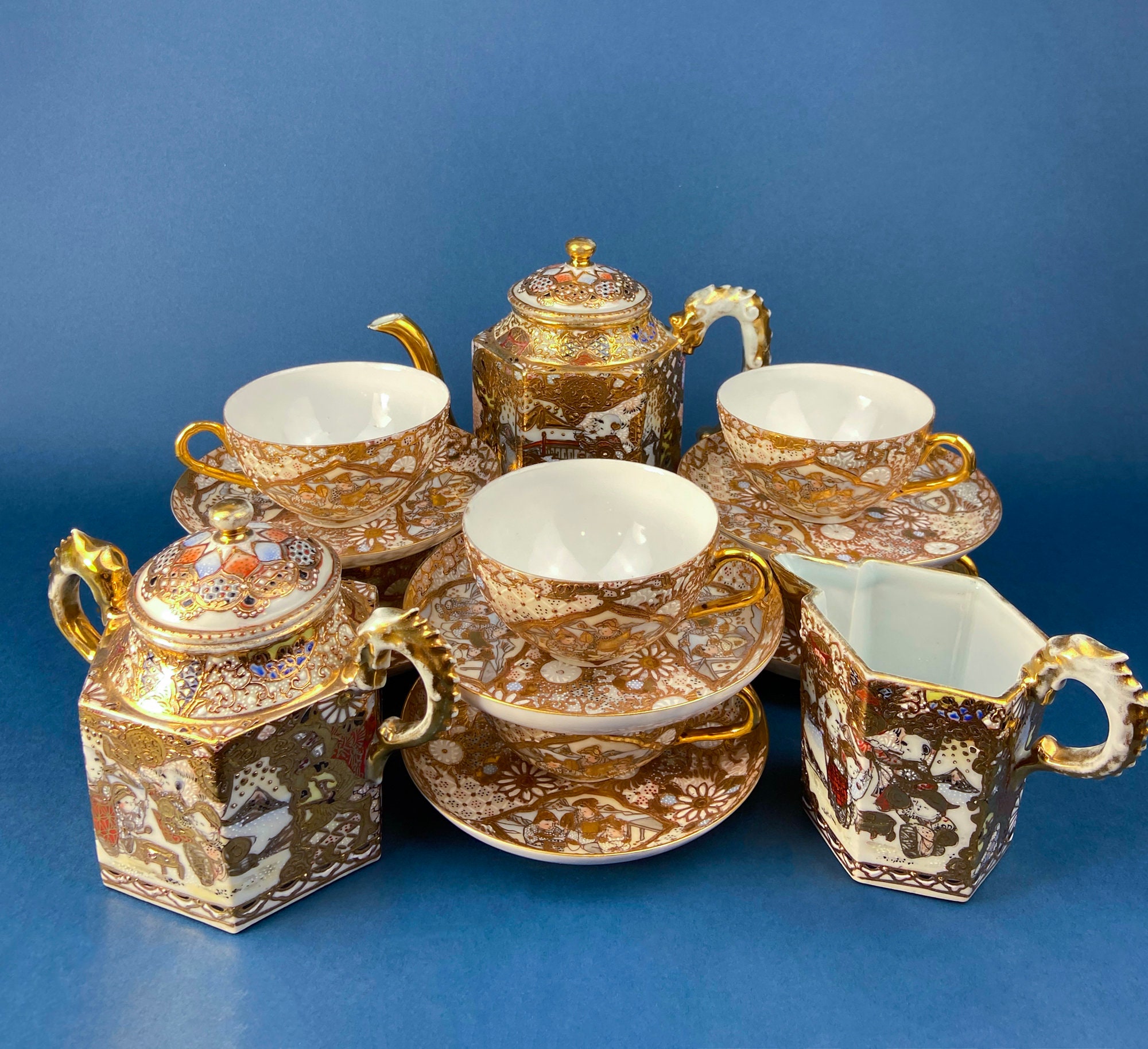 Antique Japanese Moriage Tea Cup Set. Gold Hand Painted Teaware