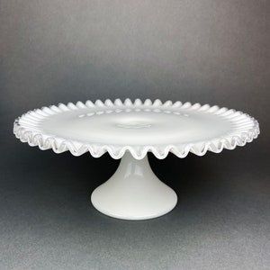 Vintage Large Silvercrest Glass Cake Stand. White Cake Serving Stand with Clear Ruffled Edge. Wedding Celebration. Modern Farmhouse.