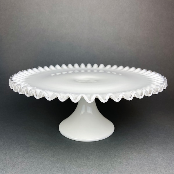 Vintage Large Silvercrest Glass Cake Stand. White Cake Serving Stand with Clear Ruffled Edge. Wedding Celebration. Modern Farmhouse.