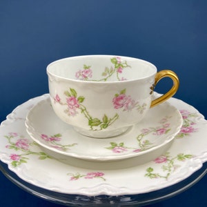 Antique Limoges Tea Cup and Saucer. Hand-Painted Porcelain by Haviland, France. Violet Clusters Motif. Highly Collectible.