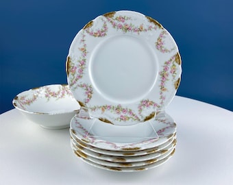 Antique Limoges Bread Butter Dessert Plates. Set of 6. Matching Serving Bowl. French Country Rose Garlands. Home Table Decor.