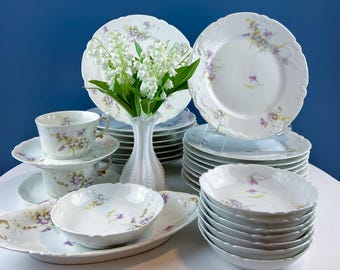 Antique Limoges J.Pouyat  Dish Set. Floral Motif Violets. Shabby Chic Home Decor. French Country Serveware.