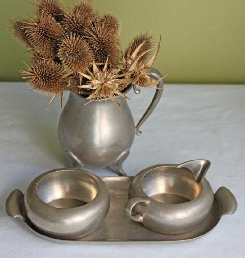 Pewter Creamer and Sugar Bowl Small Vase on Tray. Start or Etsy