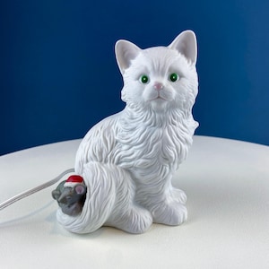 Vintage Porcelain Cat Shaped Table Top Lamp. White Kitty with Green Eyes & Sleeping Mouse. Night Light. Kids Room, Dorm, Home, Retail Decor
