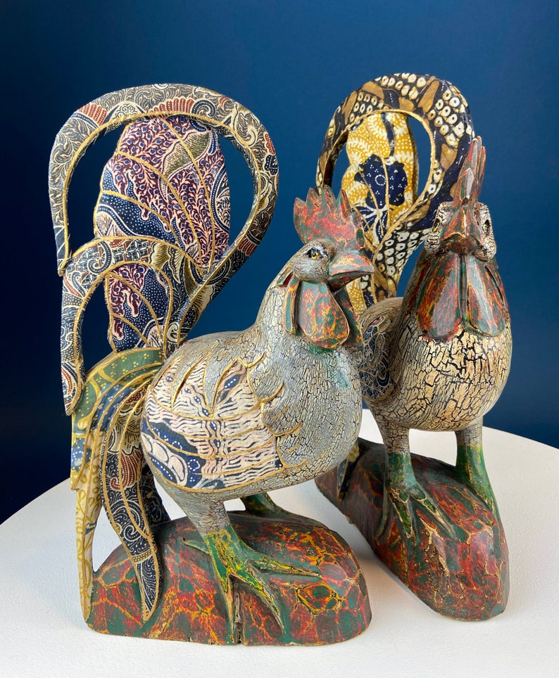 Rooster Inlay Hand Carved Wooden Rooster Figurines With Fabric Inlays (set of 2) - Etsy