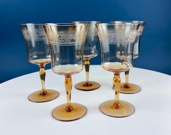 Vintage  Fostoria Seville Pattern Royal Amber Wine Water Goblets. Set of 5. Dining Room Table Decor. Barware.