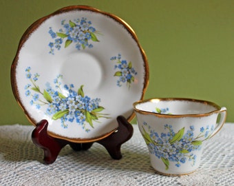 Vintage Rosina Bone China Tea Cup and Saucer, Forget Me Not Flowers