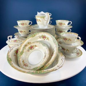 Mikado Fine China Dinnerware Set: Green Floral Cottagecore Dishes
