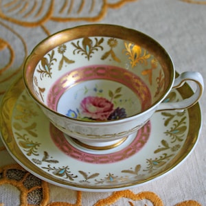 Antique Royal Grafton Tea Cup and Saucer with Scalloped Gold Rim and Flowers