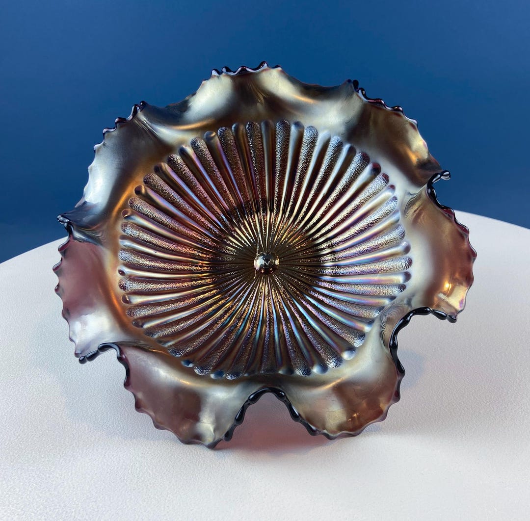 Vintage Carnival Glass Bowl. Iridescent Eggplant Fluted With Flounced ...