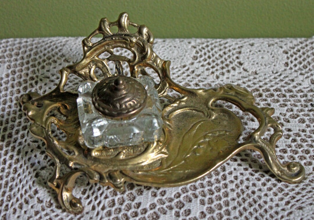 Vintage Inkwell, Ink Jar With Cover on Brass Ornate Base. Collectible