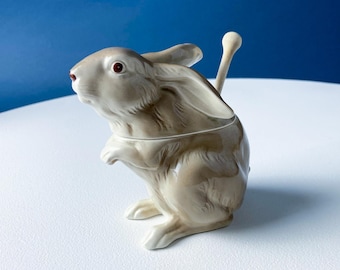Vintage Otagiri Gray Rabbit Sugar Bowl with Wooden Spoon. Modern Farmhouse. Dining Room Table Decor. Made in Japan. Serveware.