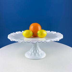 Vintage Thumb Print Milk Glass Cake Stand. White 12&quot; Cake Serving Stand with Ruffled Edge. Wedding Birthday Holiday Celebration.