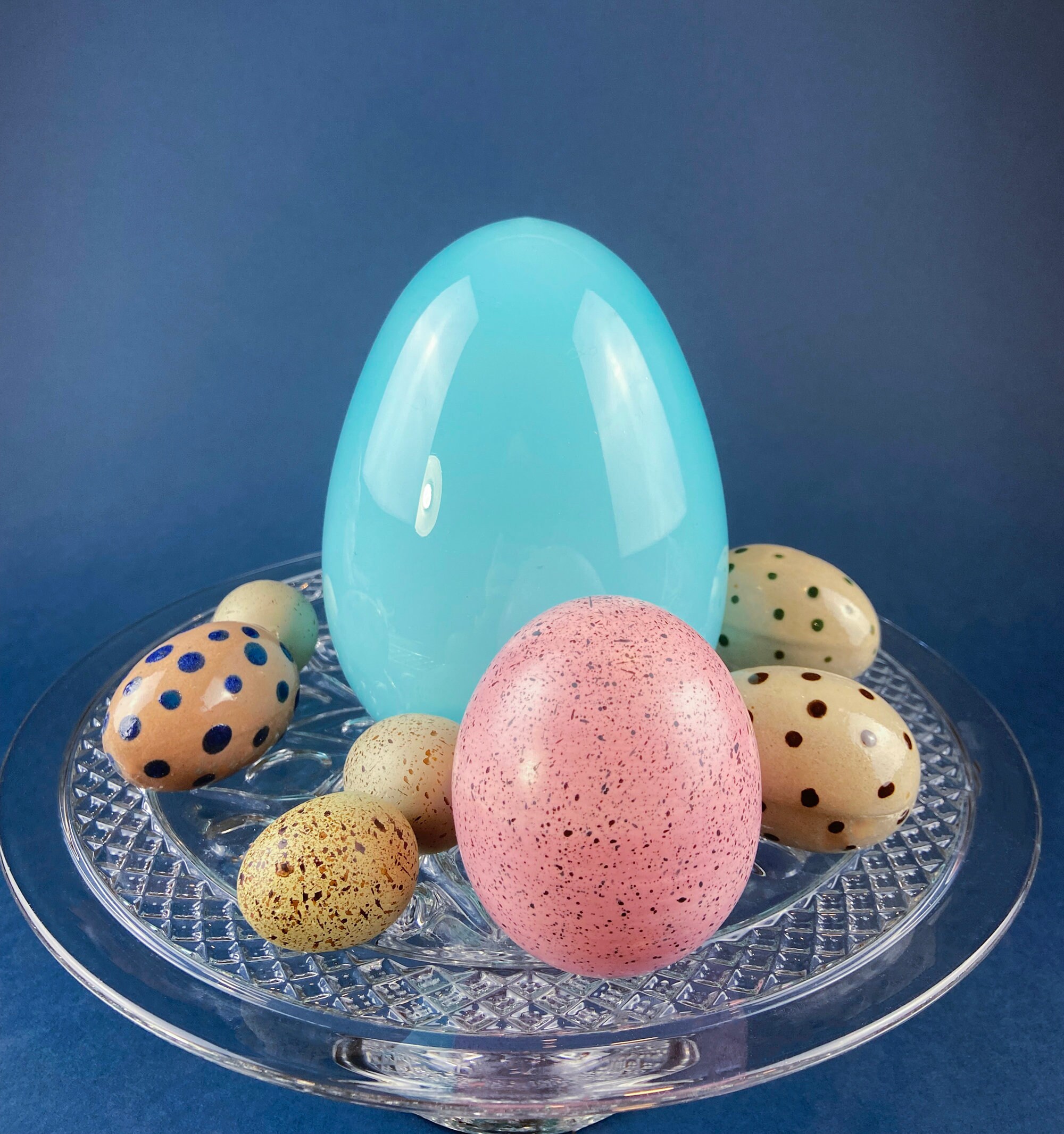 Multicolored Cloisonne Eggs. Set of Six Eggs and Stands