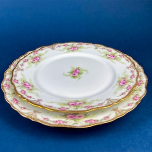 Dinner or Salad Plates, Antique Limoges Elite Porcelain Set of Two Hand-Painted Rose Garlands and Scalloped Gold Rim. MF. & Co.