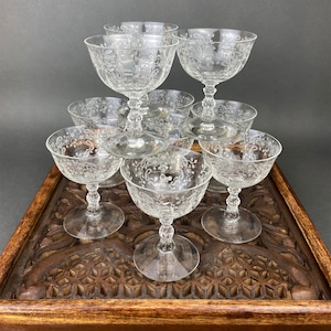 Fostoria Crystal lage sorbetglazen.  Geëtst weideroosmotief.  Set van tien vintage wijn- of dessertglazen. Eetkamerdecoratie.