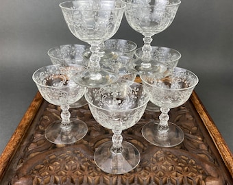 Fostoria Low Sherbet Glasses.  Etched Meadow Rose Motif.  Set of Ten Vintage Wine or Dessert Glasses.