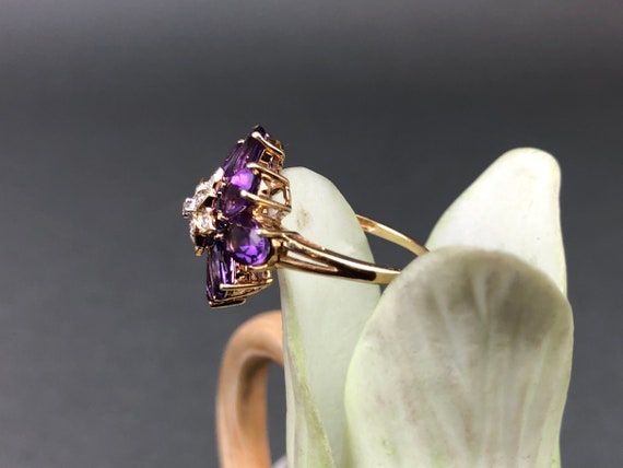 Vintage 10k Gold Amethyst and Diamond Flower Ring… - image 7