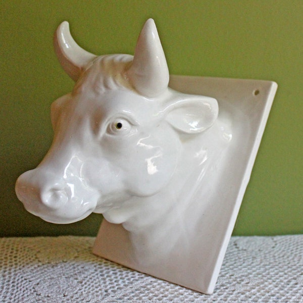 Cow Head Ceramic Tile and Hanger. For Cow Lovers or Simply Fun Kitchen, Bathroom or Room Decor.