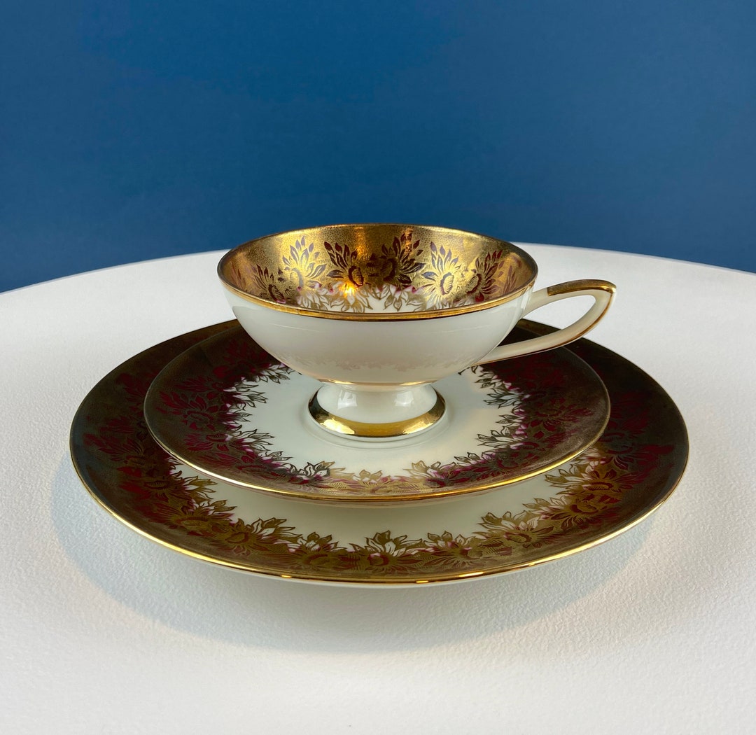 Antique Bavarian Porcelain Tea Trio: Gold & Red Floral Creamware - Etsy