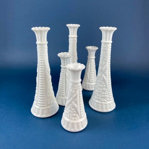 Short and Tall Milk Glass Flutes. Collection of Six Mixed Vases for Floral Arrangements. Wedding Decor. Elegant Geometrical Pattern.