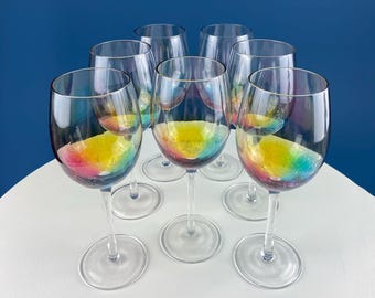 Rainbow Colored Crackle Texture Wine Goblets. Set of 7 Barware by Artland. Dining Room Table Decor. Garden Tea Party.