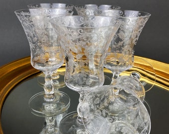 Cambridge Low Juice Goblets. Set of 3 Etched, Chantilly Crystal Stemware. Luxurious Vintage Glasses.  Floral Etching.