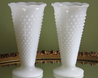 Milk Glass Vases with Hobnail Pattern. Set of Two Cone Shaped Vases.