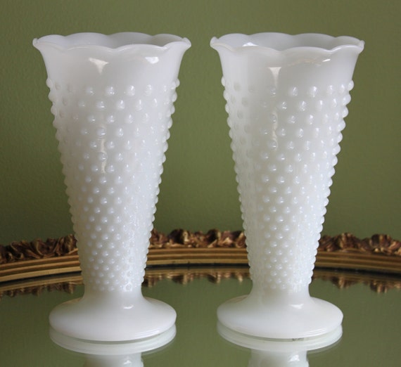 Vases Milk Glass Vases With Hobnail Pattern Set Of Two Cone Etsy