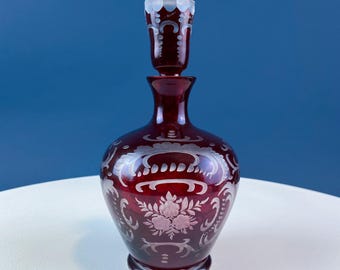 Vintage Ruby Red Cut to Clear Crystal Decanter with Stopper.  Egermann Bohemian Crystal Carafe. Office Social Club Man Cave Barware Display.