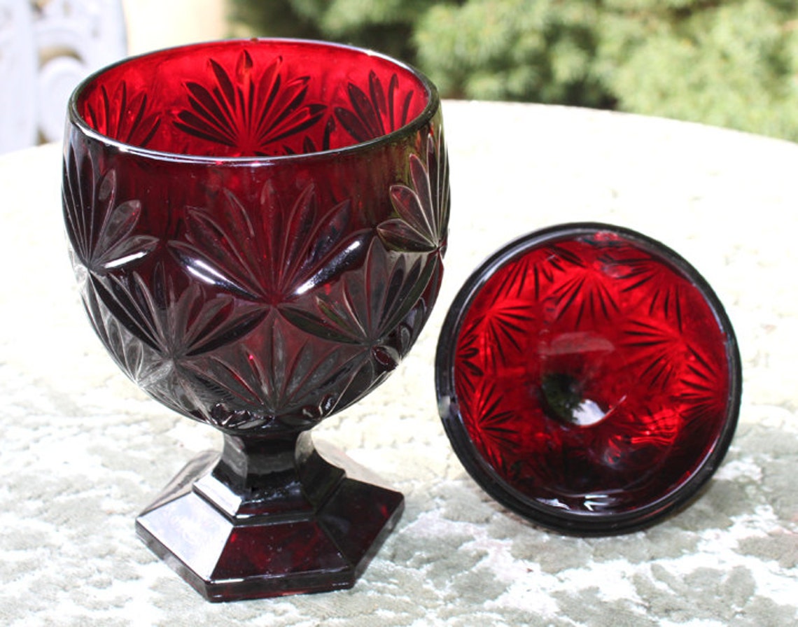 Footed Candy Bowl With Lid. Embossed Ruby Red Glass Trinket Etsy