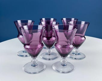 Vintage Amethyst Sweet Wine or Cordial Crystal Glasses with Clear Stems. Set of 8. Mid Century Aesthetic Barware. Fine Dining.