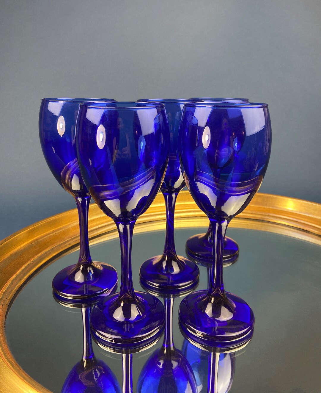 Cobalt Blue Glass Wine Glasses. Set of Five Contemporary Style Stemware