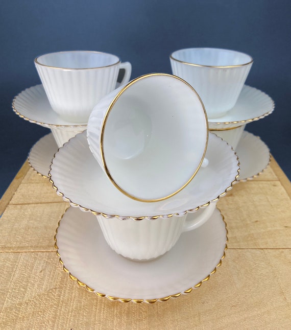 5 Opalescent Monax Petalware TeaCups. White and Gold Brim Depression Glass Coffee Cups. White Table Setting. Houseware. Dinning Room Decor.