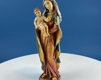 Vintage Virgin Mary and Baby Jesus Statuette. Hand Carved and Painted Wood. Altar Display. Religious Figurine.