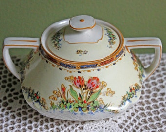Sugar Bowl by Crown Ducal Ware with Tulip Pattern.  Made in England. Reg  No 732597.
