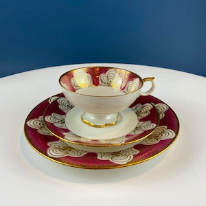 Antique Bavarian Cup, Saucer and Dessert Plate by Elgenbein Porcelain. Gold and Red Floral Pattern. Dining Room Decor. Mid Century Modern.
