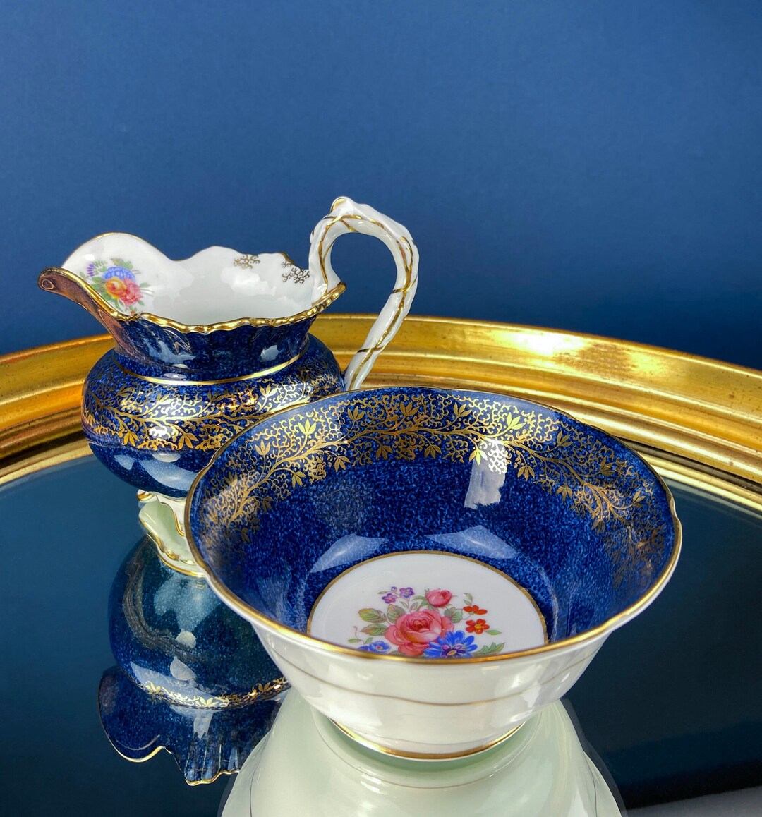 Vintage Aynsley Creamer and Sugar Bowl. Blue and Gold, With Hand Painted Bouquet of Flowers