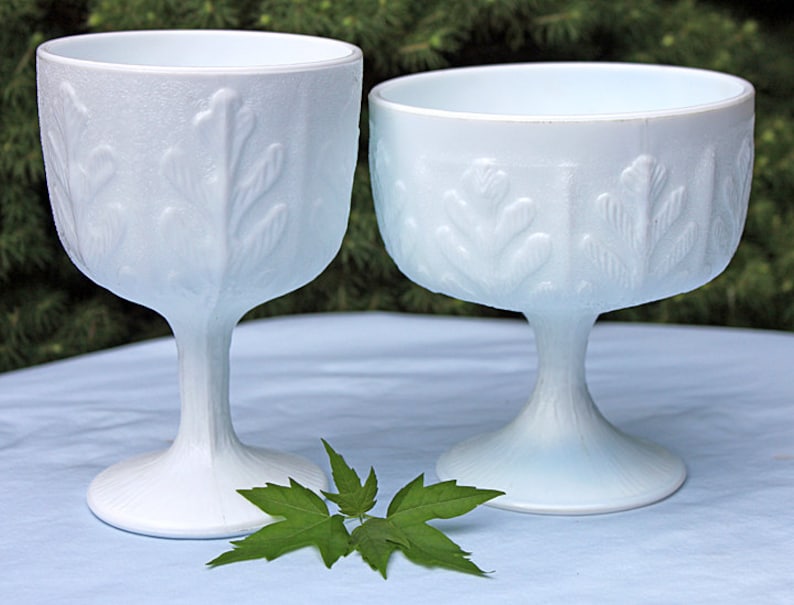 Milk Glass Compotes with Oak Leaf Design.  Set of Two Footed Bow