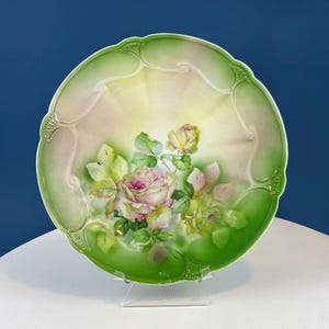 Antique 12&quot; Serving or Decorative Plate. Hand Painted Pink Roses.  Dining Room Wall Decor or Collectible Display. Wedding Registry Gift.